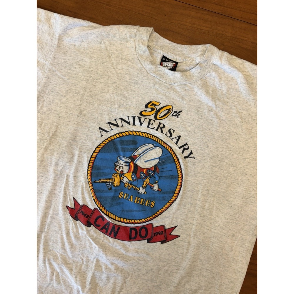 Vintage Seabees Navy T Shirt 90s Men L/XL Single Stitch USA 1992 Can Do Military